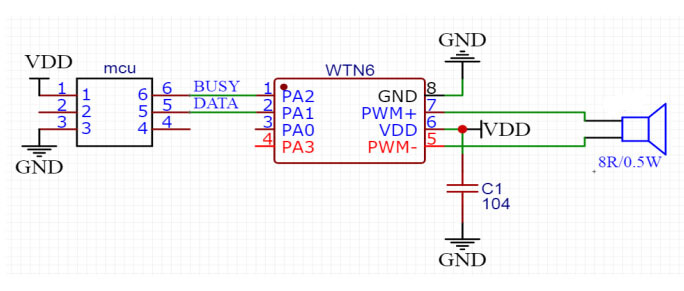 Figure 2 WTN6040-8S One-line serial port PWM Schematic