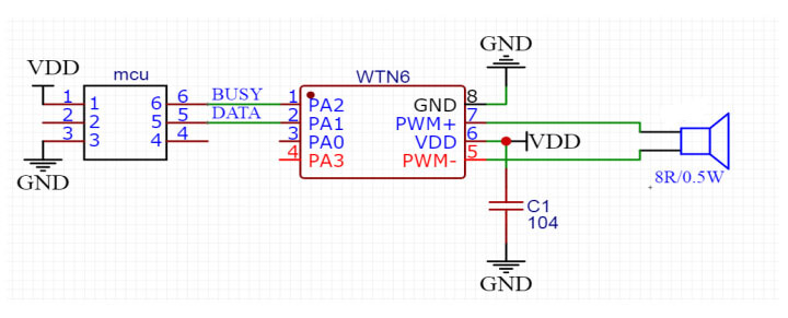 Figure 2 WTN6096-8S One-line serial port PWM Schematic