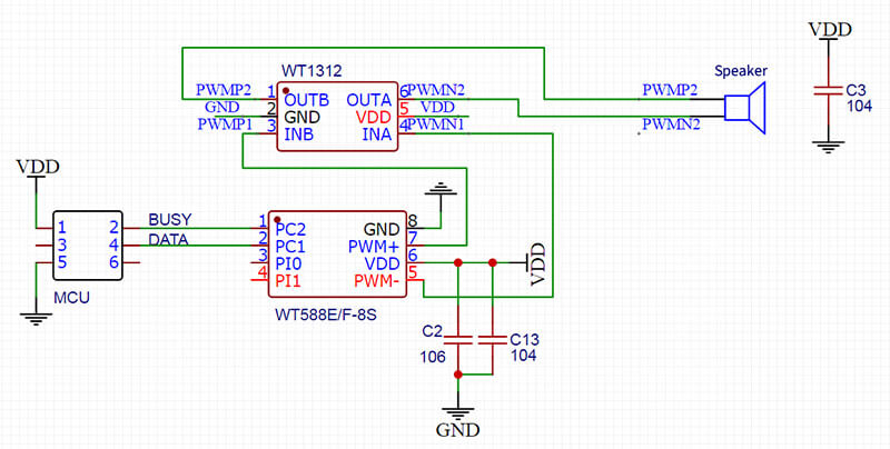 Figure 3 WT588E02B-8S One-line serial port PWM (WT1312AMP) application circuit Schematic