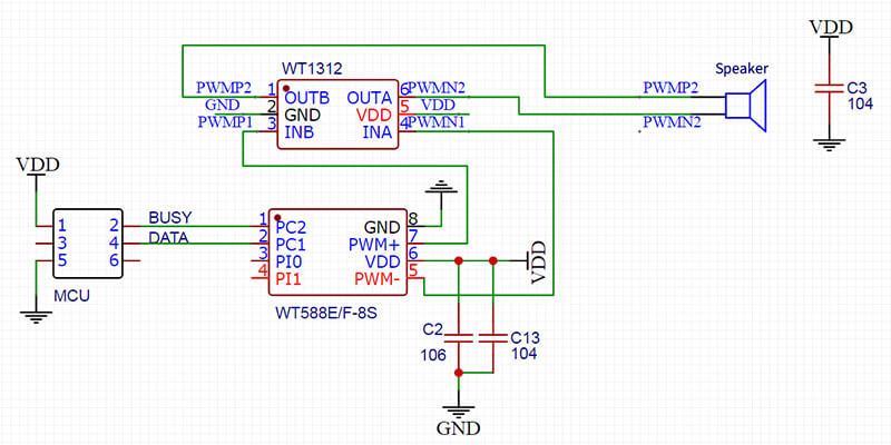Figure 3 WT588F02A-8S One-line serial port PWM (WT1312AMP) application circuit Schematic