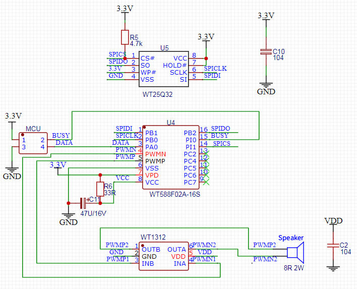 Figure 4 WT588F02A-16S One-line Serial Port PWM Output Connected to WT1312 Power Amplifier Application Circuit
