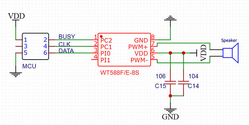 Figure 5 WT588E02B-8S Two-line serial port PWM application circuit Schematic