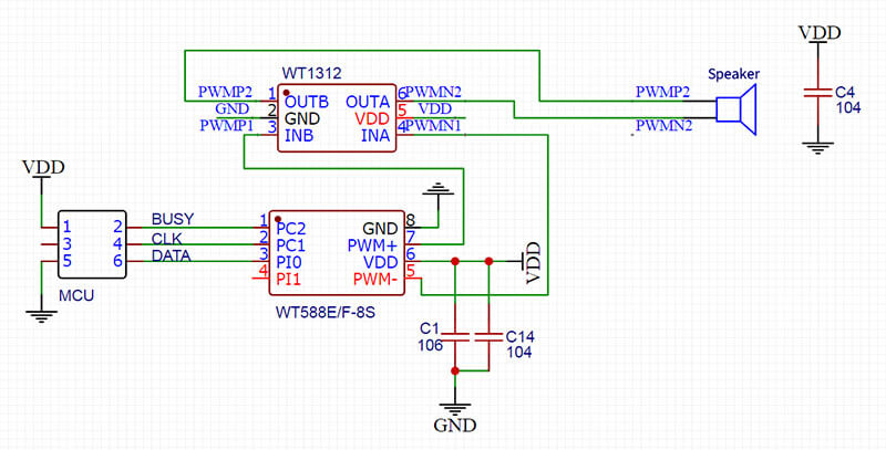 Figure 6 WT588E02B-8S Two-line serial port PWM (WT1312AMP) application circuit Schematic