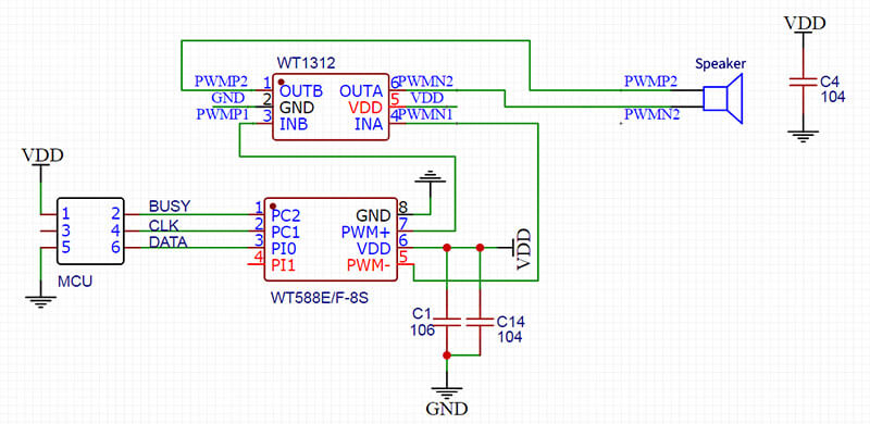 Figure 6 WT588F02A-8S Two-line serial port PWM (WT1312AMP) application circuit Schematic