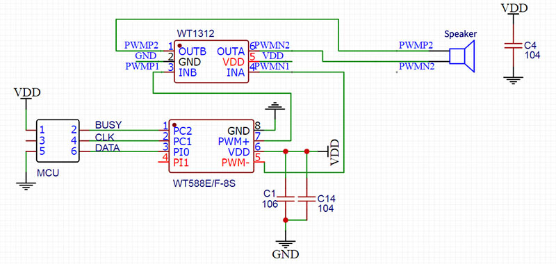 Figure 6 WT588F02B-8S Two-line serial port PWM (WT1312AMP) application circuit Schematic