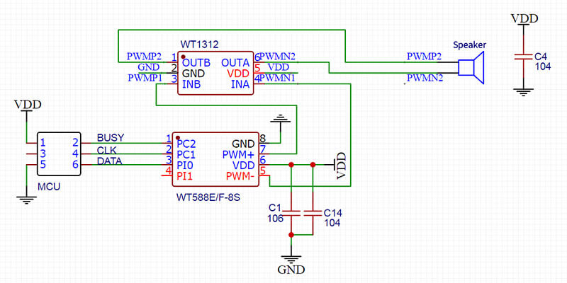 Figure 6 WT588F08A-8S Two-line serial port PWM (WT1312AMP) application circuit Schematic