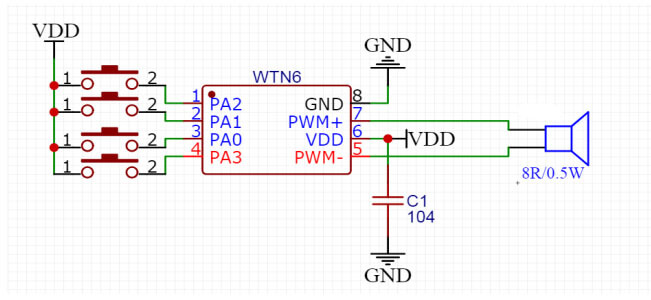 Figure 6 WTN6040-8S Button application circuit (high level trigger control)
