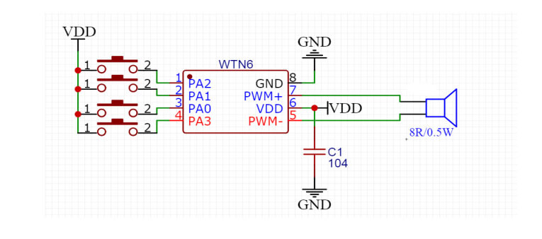 Figure 6 WTN6096-8S Button application circuit (high level trigger control)