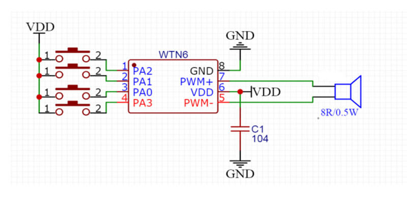 Figure 6 WTN6170-8S Button application circuit (high level trigger control)