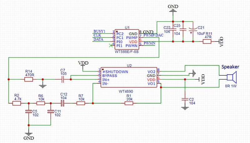 Figure 7 WT588F08A-8S Two-line serial port 4890 DAC application circuit