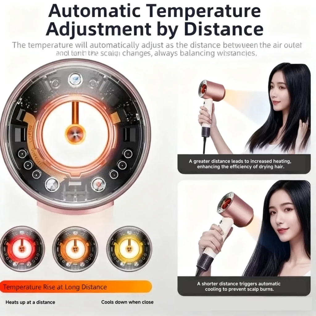 Smart hair dryer adjusting temperature based on distance to scalp using laser module