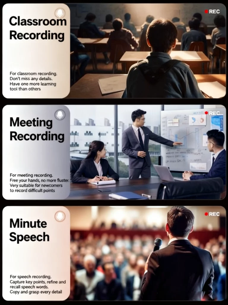 Smart voice recorder applications in classroom, meeting, and speech recording scenarios for clear audio capture and intelligent transcription