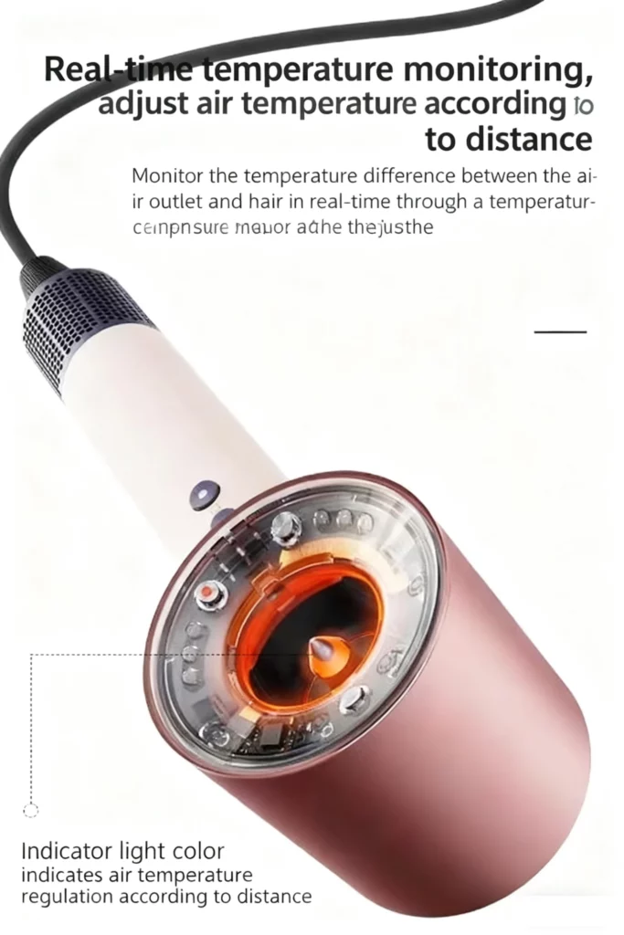 Smart hair dryer with real-time temperature monitoring and distance-based heat adjustment